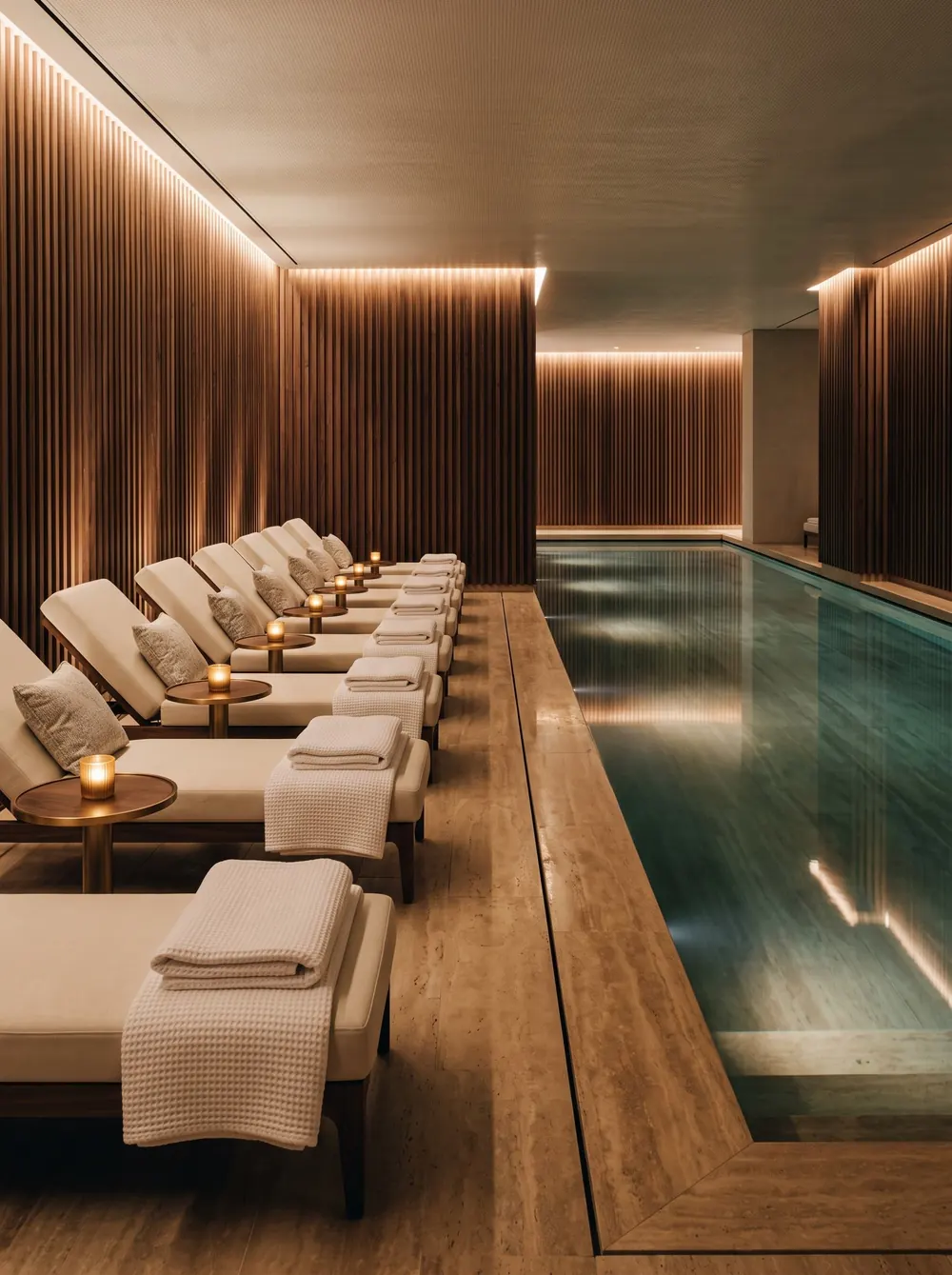 Бассейн SPA-зоны с шезлонгами и деревянной отделкой
